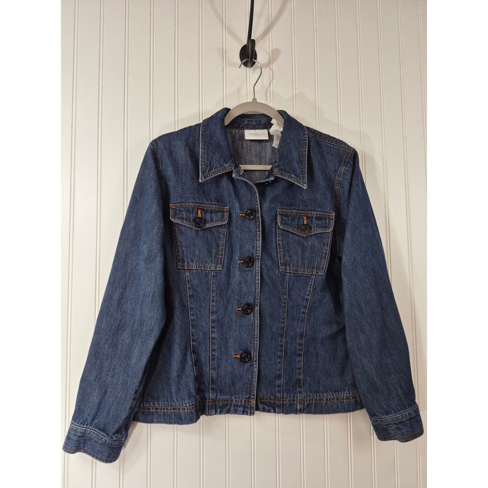 Liz Claiborne Dark Wash Denim Jacket Anchor Buttons Petite Nautical Rugged L